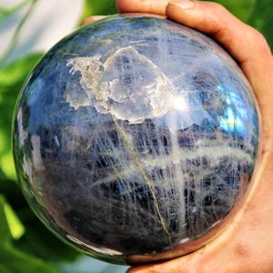 Large 115MM Grey Labradorite Stone Sphere With Blue Flash Healing Charged Metaphysical Crystal Aura Chakra Meditation Aid Gemstone Ball
