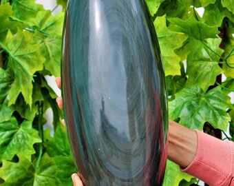 Hermosa enorme piedra de obsidiana arcoíris negra Natural de 380MM meditación metafísica Aura poder curativo Lingam