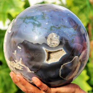 215MM Druzy Blue Lace Agate Stone Crystal Healing Charged Metaphysical Aura Chakra Power Stone Decorative Gemstone Chakra Grid Sphere Ball