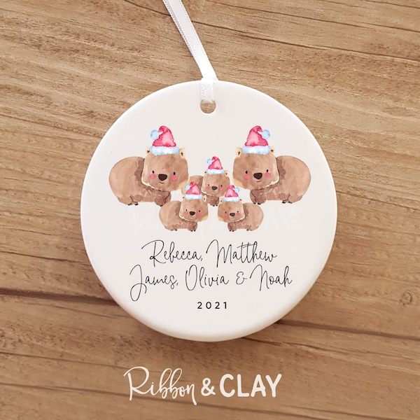 Wombat Christmas ornament with a family of 5 (or 6 or 7 and any combination of adults and kids), Personalised decoration, 2021, Australian