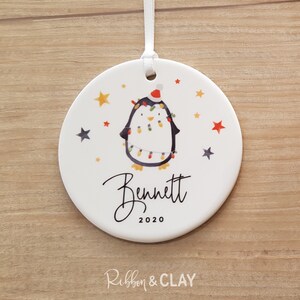 Personalized Christmas Penguin Porcelain Ornament, First Christmas Gift