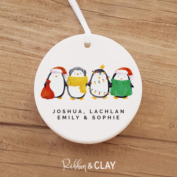 Penguin Family Christmas ornament, family of 4, names, cute penguins, personalised ornament, christmas gift, four penguins, holiday gift