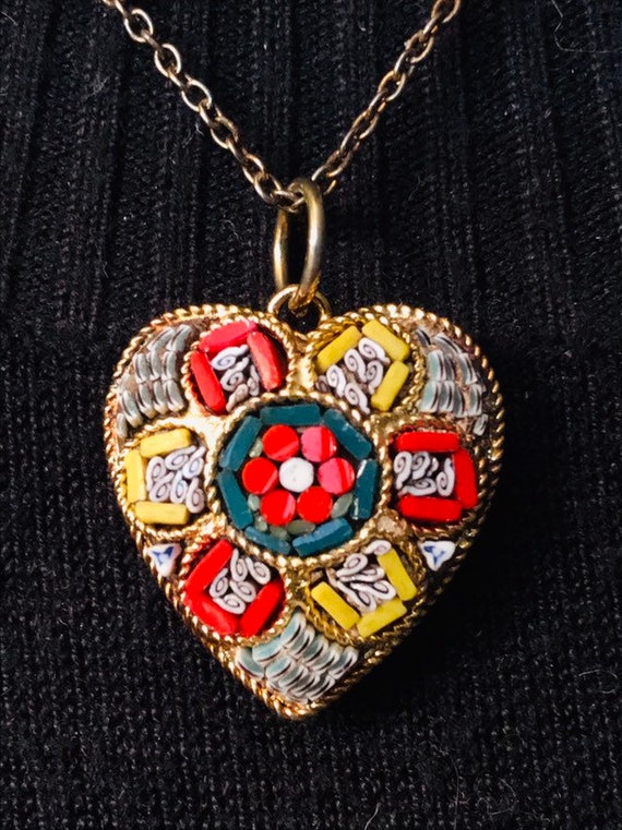 1920’S Italian Micro MOSAIC Heart PENDANT NECKLACE - image 8