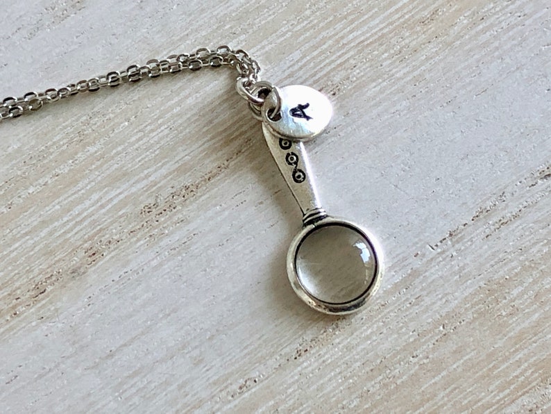 Tiny Magnifying Glass Necklace, Small Silver Monocle Pendant, Monogrammed Magnifying Glass