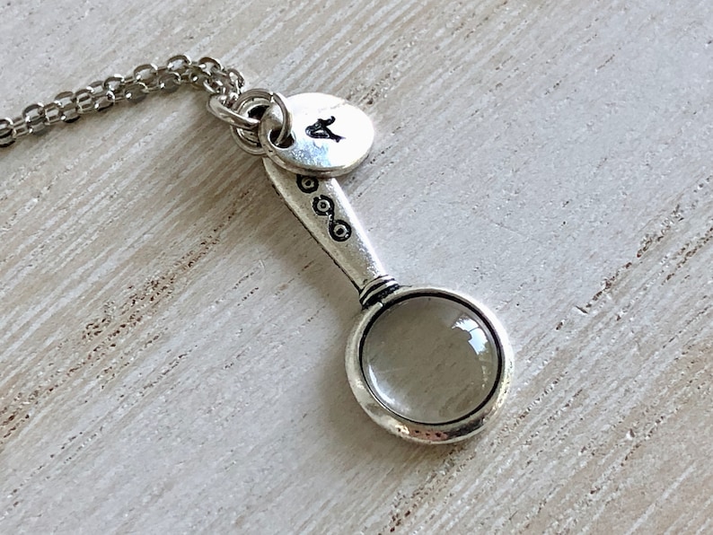 Tiny Magnifying Glass Necklace, Small Silver Monocle Pendant, Monogrammed Magnifying Glass