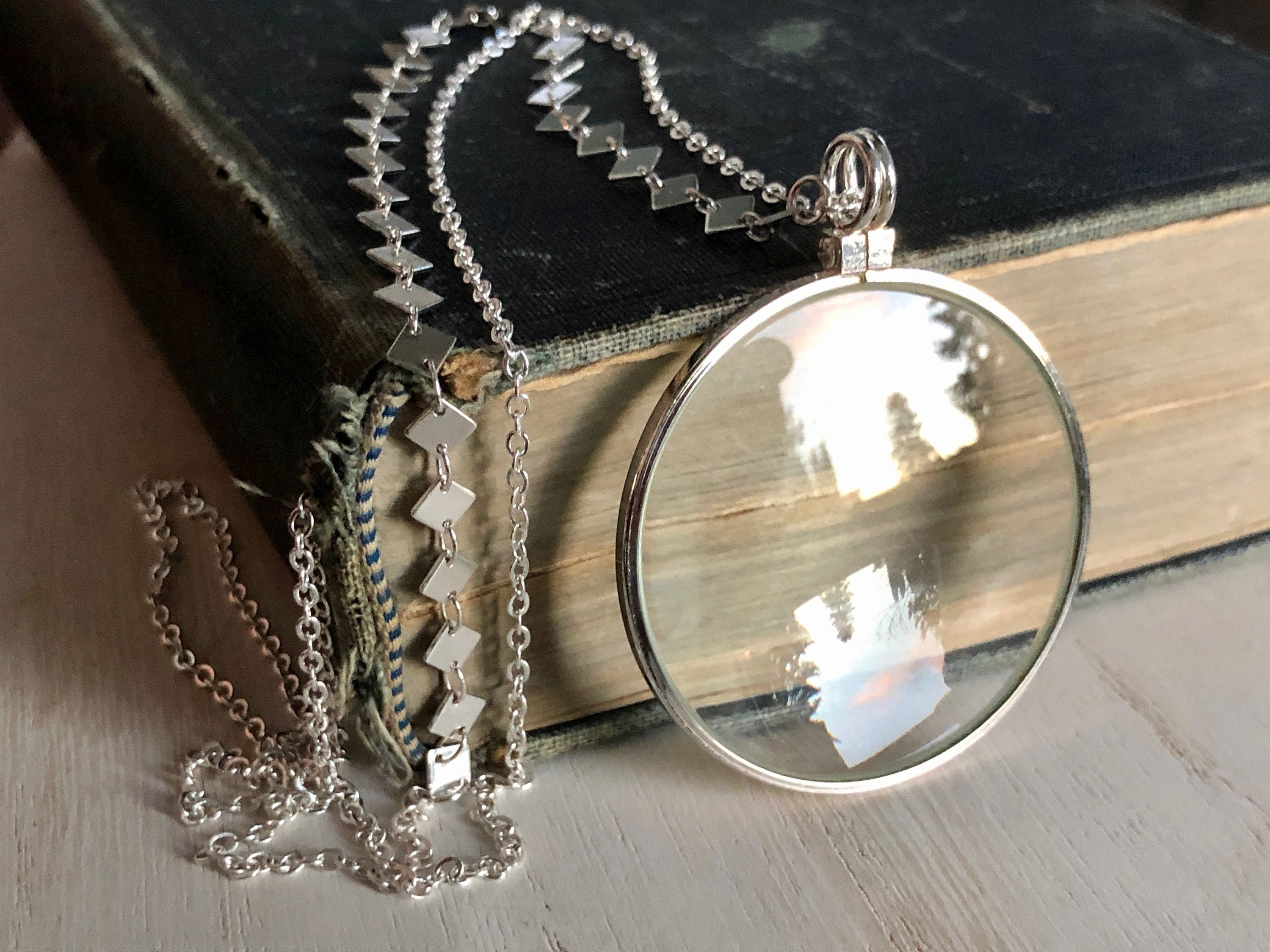 Silver Magnifying Glass Necklace Modern Grandma Jewelry Eyeglass