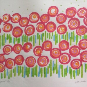 May include: An abstract artwork featuring a pattern of pink and orange circular shapes with green and blue vertical lines. The artwork has a hand-drawn aesthetic, with the artist's signature and date in the bottom right corner.