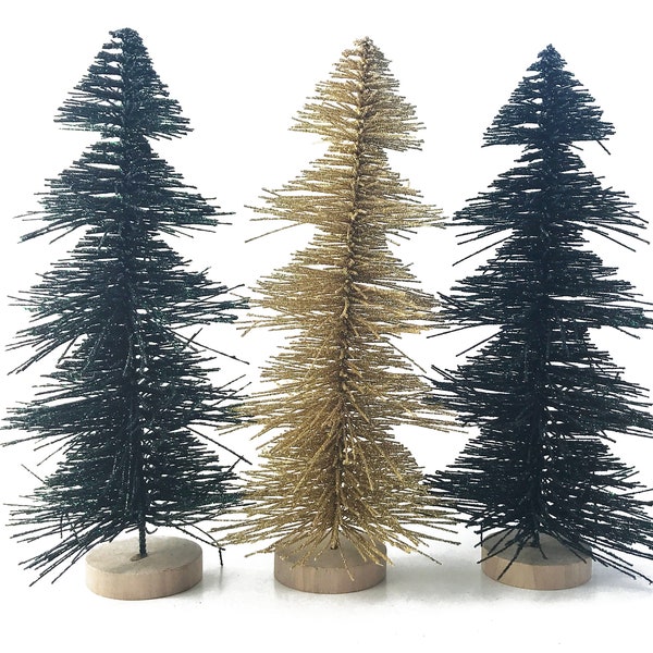 Bottle Brush Christmas Tree ** 10 inches Tall ** 2 Green/ 1 Gold Glitter (3 Pack)