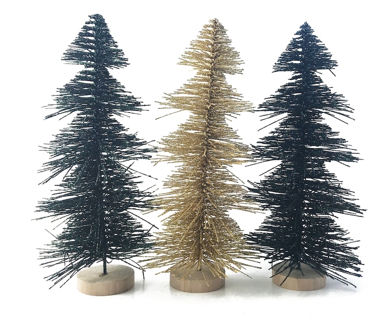 Bottle Brush Christmas Tree 10 Inches Tall 2 Green/ 1 Gold Glitter 3