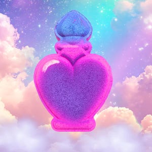 May include: A heart-shaped bath bomb in shades of purple and pink, with a blue top. The bath bomb has a bottle shape, with a heart-shaped body and a decorative top. The background is a dreamy sky with clouds and stars.