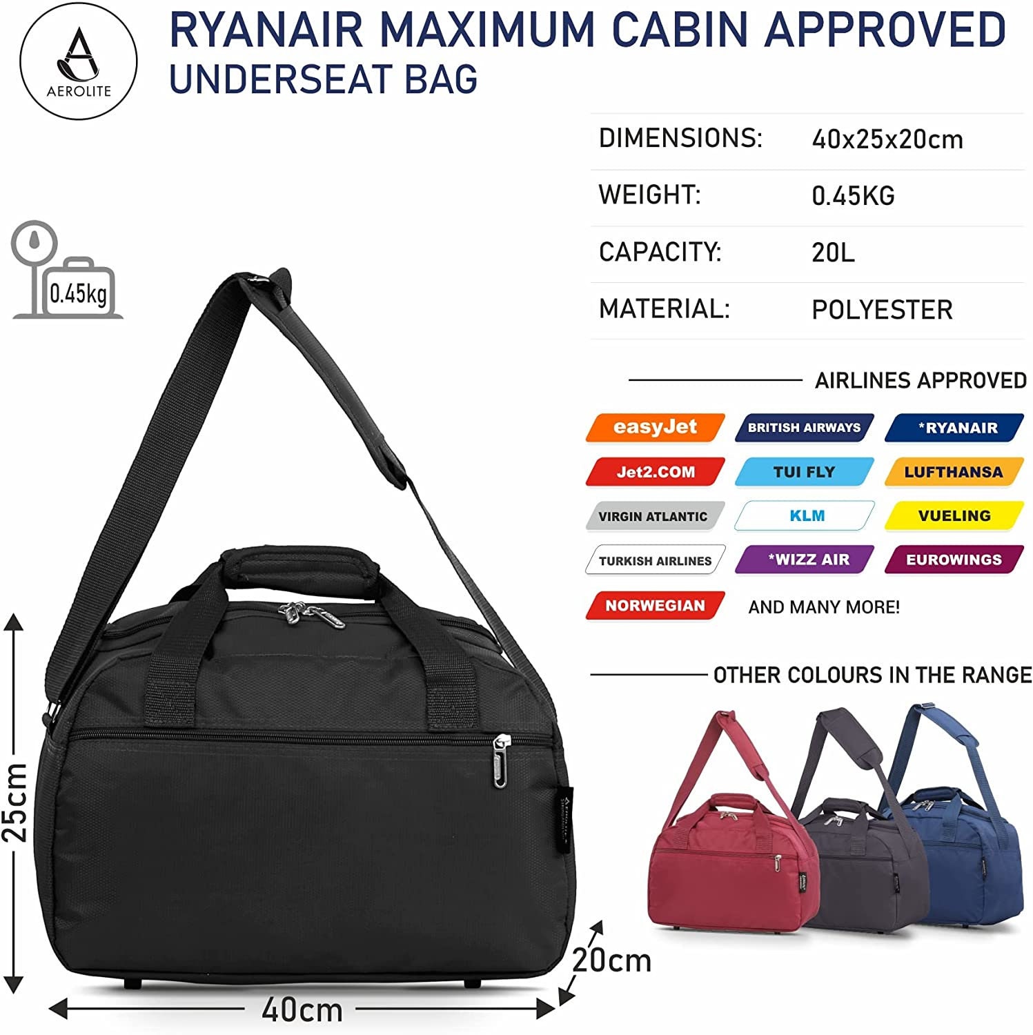 Tamaño Ryanair Llevar en 40x25x20cm Vuelo Cabina Viaje Holdall Sports  Weekend Bags -  México