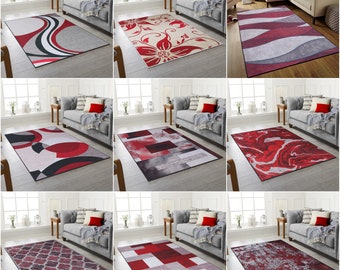 Soft Non Slip Rubber Backed Large Area Rug Red Grey Living Room Bedroom Carpet Rugs Hallway Runner Kitchen Floor Mat