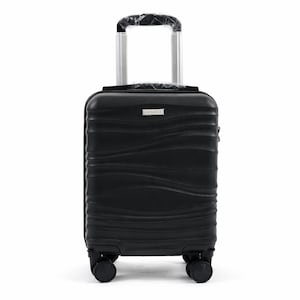 May include: A black travel suitcase with a wave-like textured design. It features a retractable silver handle and four black wheels. The brand name "LEGICE" is visible on the front of the case.