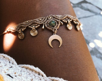MOON CHILD • macramé choker necklace • crescent moon charm • gemstone • indian agate • boho • hippie • tribal • elf