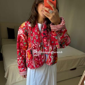 Handmade Cotton Kantha Quilted Jacket: Reversible Boho Kimono Coat