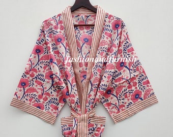 Floral Cotton Kimono Robe: Hand Block Print Dressing Gown