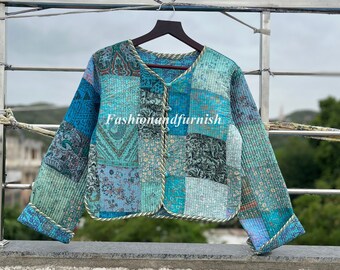 Indian HandBlock Print Fabric Quilted Jacket Short kimono Women Wear New Style Turquoise Flower Coat