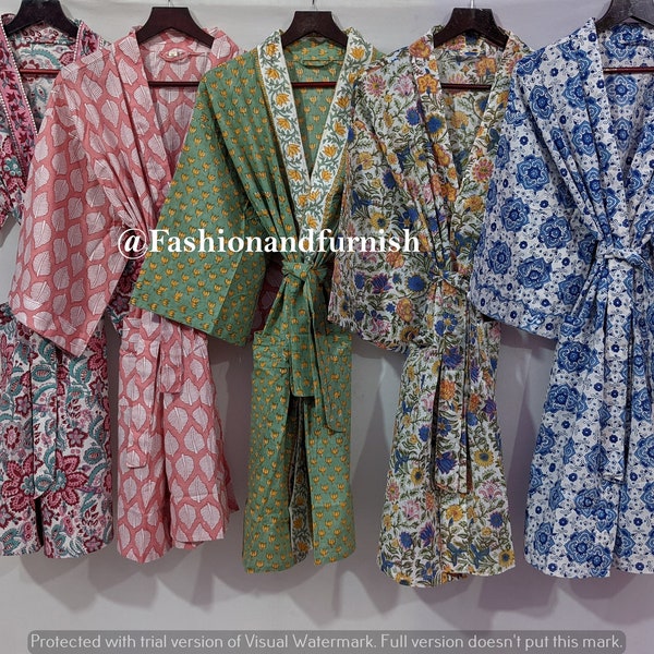 Beautiful Cotton Kimono Dress Bath Robe Kimono hand Block Printed Cotton Kimono Shower Robe Cotton Kimono Robe Dressing Gown SET OFF 5 PC