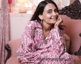 Indian 100% pure cotton pyjamas, Womens cotton pj's, Soft cotton pajama Set trousers shirts, Unique printed pyjama set, Block Print pj set