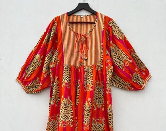Hand Block Printed Cotton Maxi Dress: Anokhi Style Animal Print