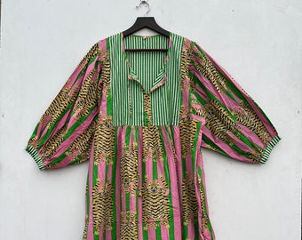 Midi Dress, Mini Dress, Floral Long Block Print Dress, Deep Neck with string closer