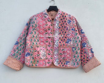 Patchwork Quilted Jackets Cotton Floral Bohemian Style Reversible Jacket for Women