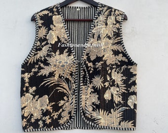 Cotton Quilted Vest: Vintage Floral Sleeveless Jacket