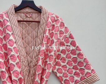Strawberry Print Cotton Quilted Kimono Robe: Handmade Winter Jacket