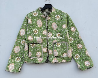 Handmade Floral Patchwork Quilted Cotton Jacket: Bohemian Reversible Coat