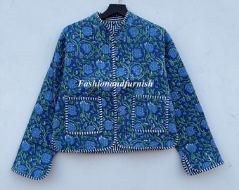 Block Print Quilted Jackets Cotton Floral Bohemian Style Fall Winter Jacket Coat Streetwear Boho Quilted Reversible Jacket for Women