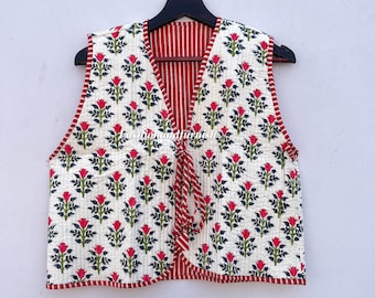 Handmade Cotton Quilted Vest: Reversible Floral Print Kimono Jacket