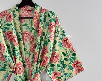 Floral Cotton Kimono Robe: Hand Block Print Dressing Gown