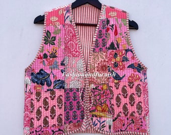 Handmade Cotton Quilted Vest: Vintage Patchwork Kimono Jacket