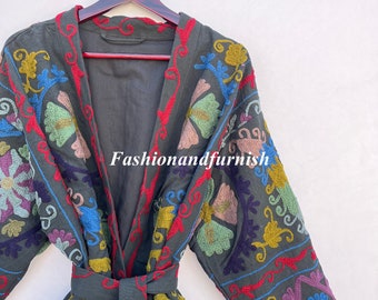 Uzbek Suzani Embroidered Coat Suzani Short Jacket Robe Kimono Unique Embroidery Suzani Jackets Autumn Winter Boho Uzbek Jacket Short jackets