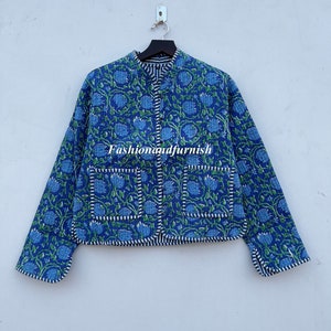 Block Print Quilted Jackets Cotton Floral Bohemian Style Fall Winter Jacket Coat Streetwear Boho Quilted Reversible Jacket for Women