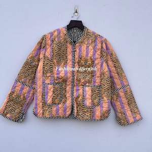 Tiger Print Cotton Quilted Jacket: Reversible Boho Kimono Coat