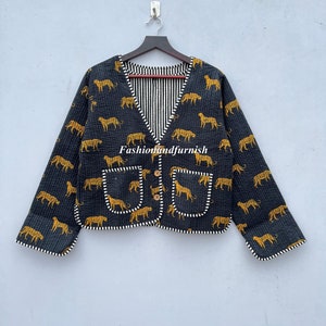 Patchwork Quilted Jacket, Black Tiger Cotton Jacket, Bohemian Floral Reversible Coat