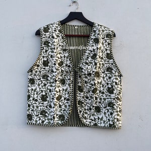 Handmade Cotton Quilted Vest: Reversible Floral Print Kimono Jacket