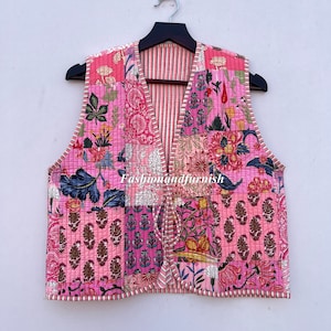 Handmade Cotton Quilted Vest: Vintage Patchwork Kimono Jacket