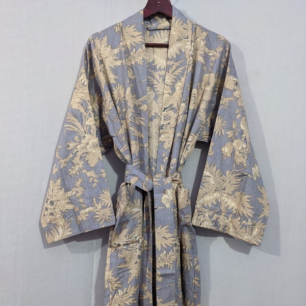 Men's Cotton Handmade Long Kimono Robe Cotton Funky Robe Nightgown Men’s Cotton Handprinted House Robe Men's Fashion Light Weight #MEN 02