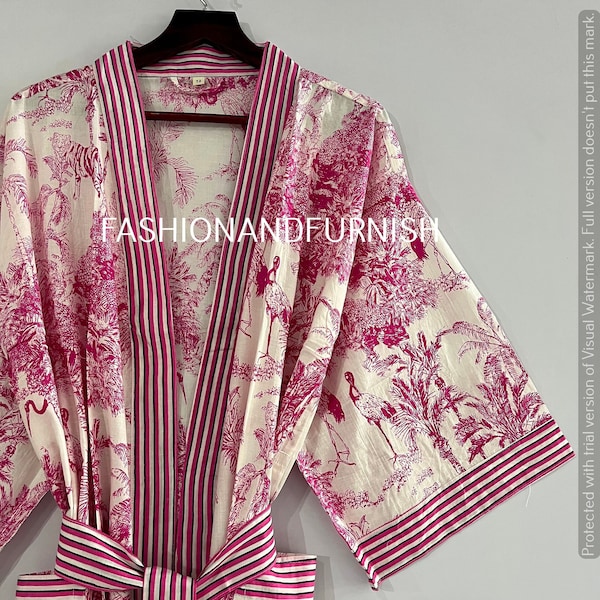 Hand Block Print Cotton Kimono Robe: Floral Tiger Print