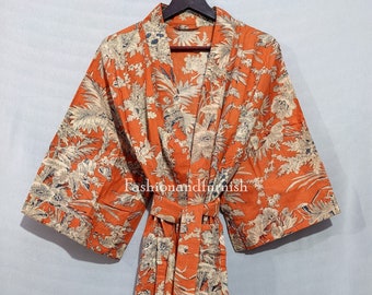 Hand Block Print Cotton Kimono Robe: Floral Tiger Print