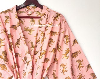Lightweight Cotton Kimono Robe, Tiger Print, Loungewear