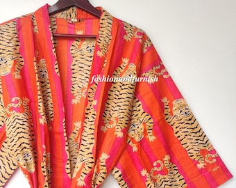 Lightweight Cotton Kimono Robe, Tiger Print, Loungewear