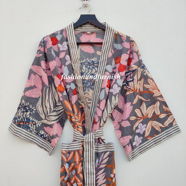 Grey 100% Cotton Kimono Robe, Women's Robes, Kimono Robe, Cotton Robe, Shower Robe, Soft and Comfortable, Bath Robes, Night wear kimono Robe