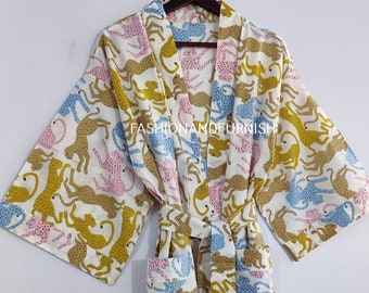 Lightweight Cotton Kimono Robe, Tiger Print, Loungewear