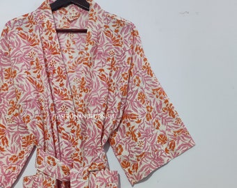 Handmade Cotton Kimono Robe: Blue Floral Block Print Loungewear