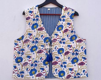 Cotton vest, block print vest coat, blue floral printed jacket, women wear short vest, designer cotton vest jacket, boho hippie jackets