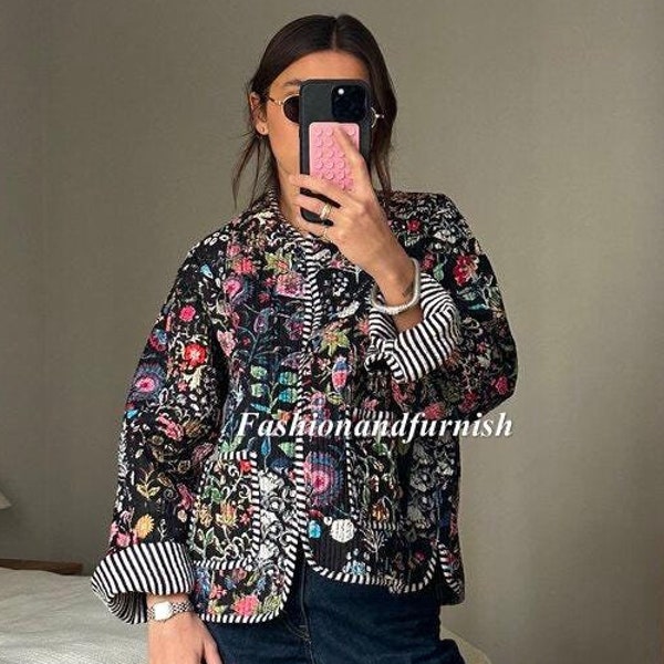 Handmade Patchwork Cotton Jacket: Floral Print Quilted Coat