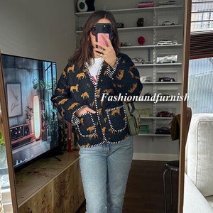 Handmade Cotton Kantha Quilted Jacket: Vintage Block Print Reversible Kimono